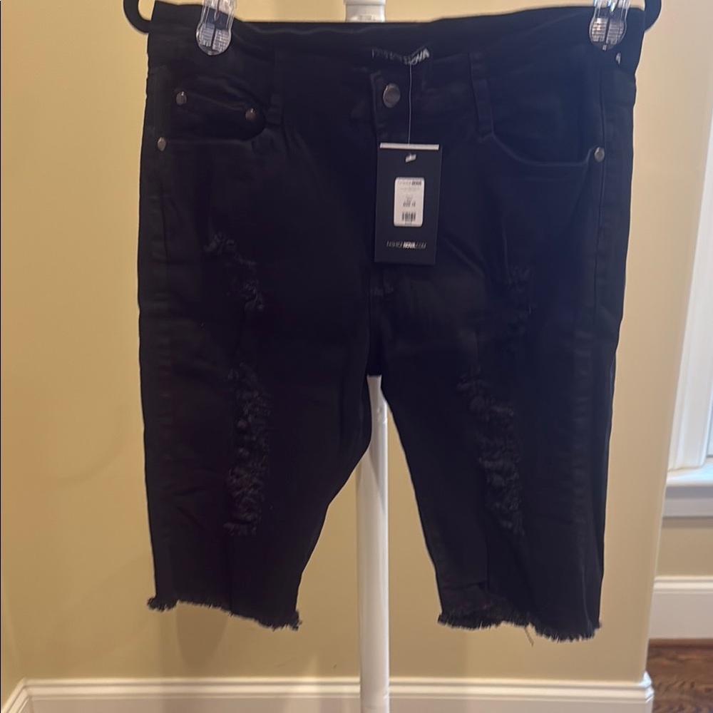 Distressed Black Denim Shorts